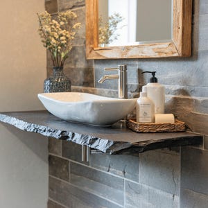 Handcrafted live edge bathroom vanity shelf rustic floating vanity desk shelf wall mounted brackets bathroom decor housewarming gift