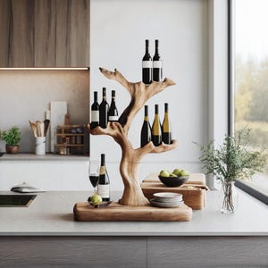 Rustic wine bottle holder handcrafted solid wood wine rack countertop farmhouse wine stand for modern kitchen or home bar decor