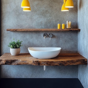 Handcrafted live edge bathroom vanity shelf rustic floating vanity desk shelf wall mounted brackets bathroom decor housewarming gift