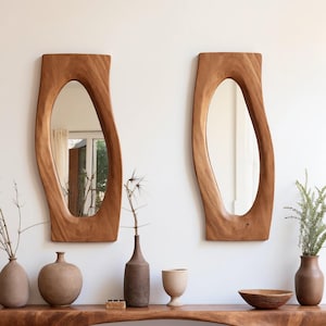 Farmhouse handmade asymmetrical mirror Rustic irregular mirror mid century modern mirror handcrafted bathroom mirror wood mirror for wall