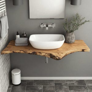 Handcrafted live edge bathroom vanity shelf rustic floating vanity desk shelf wall mounted brackets bathroom decor housewarming gift