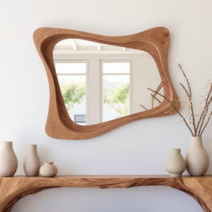 Rustic irregular mirror farmhouse handmade asymmetrical mirror mid century modern mirror handcrafted bathroom mirror wood mirror for wall