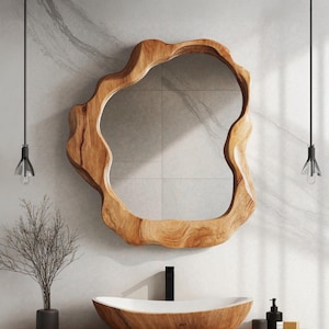 Rustic irregular mirror farmhouse handmade asymmetrical mirror mid century modern mirror handcrafted bathroom mirror wood mirror for wall
