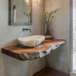 Handcrafted live edge bathroom vanity shelf rustic floating vanity desk shelf wall mounted brackets bathroom decor housewarming gift