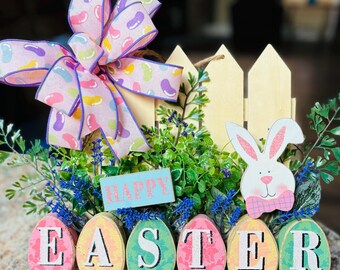 Colgador decorativo de Pascua – Letrero de madera hecho a mano con forma de conejito de Pascua – Decoración primaveral para repisas y repisas – Letrero de Pascua con forma de huevo colorido y lazo