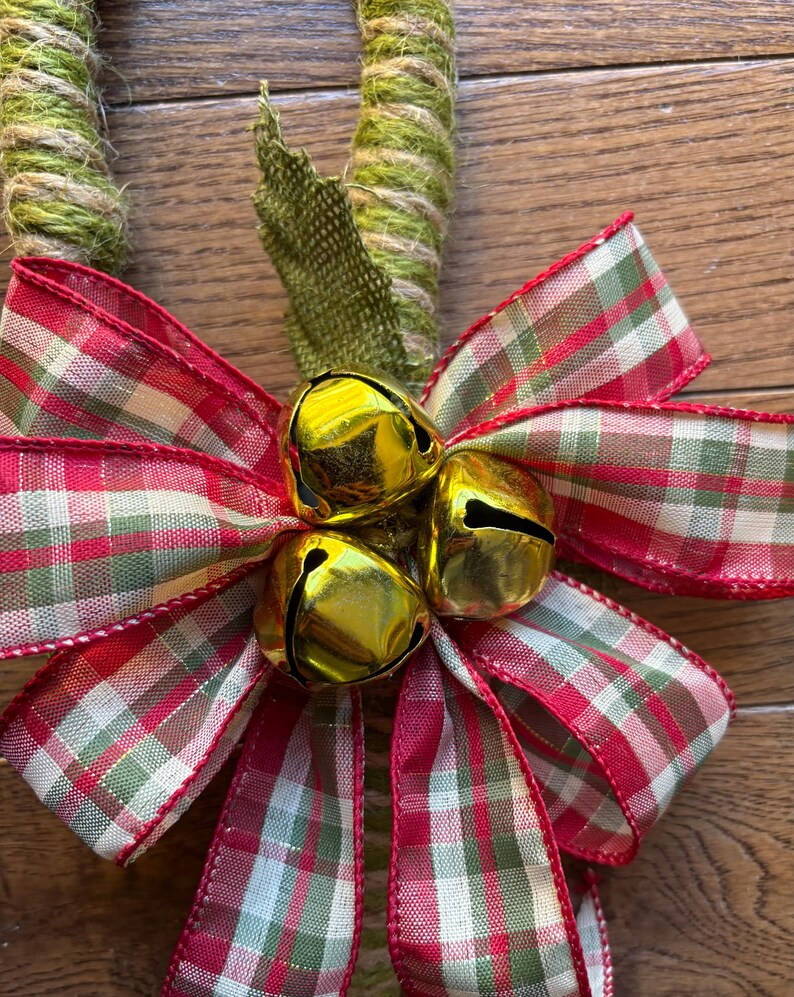 Rustic Jute Candy Cane Set: Sage Green, Plaid Bow, Jingle Bells - Etsy