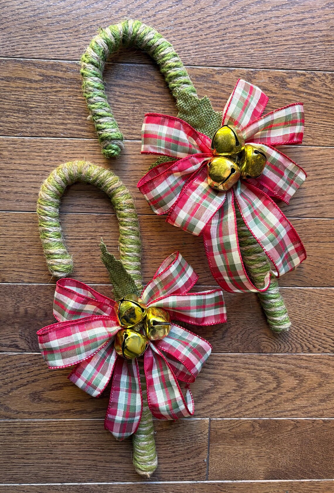 Rustic Jute Candy Cane Set: Sage Green, Plaid Bow, Jingle Bells - Etsy