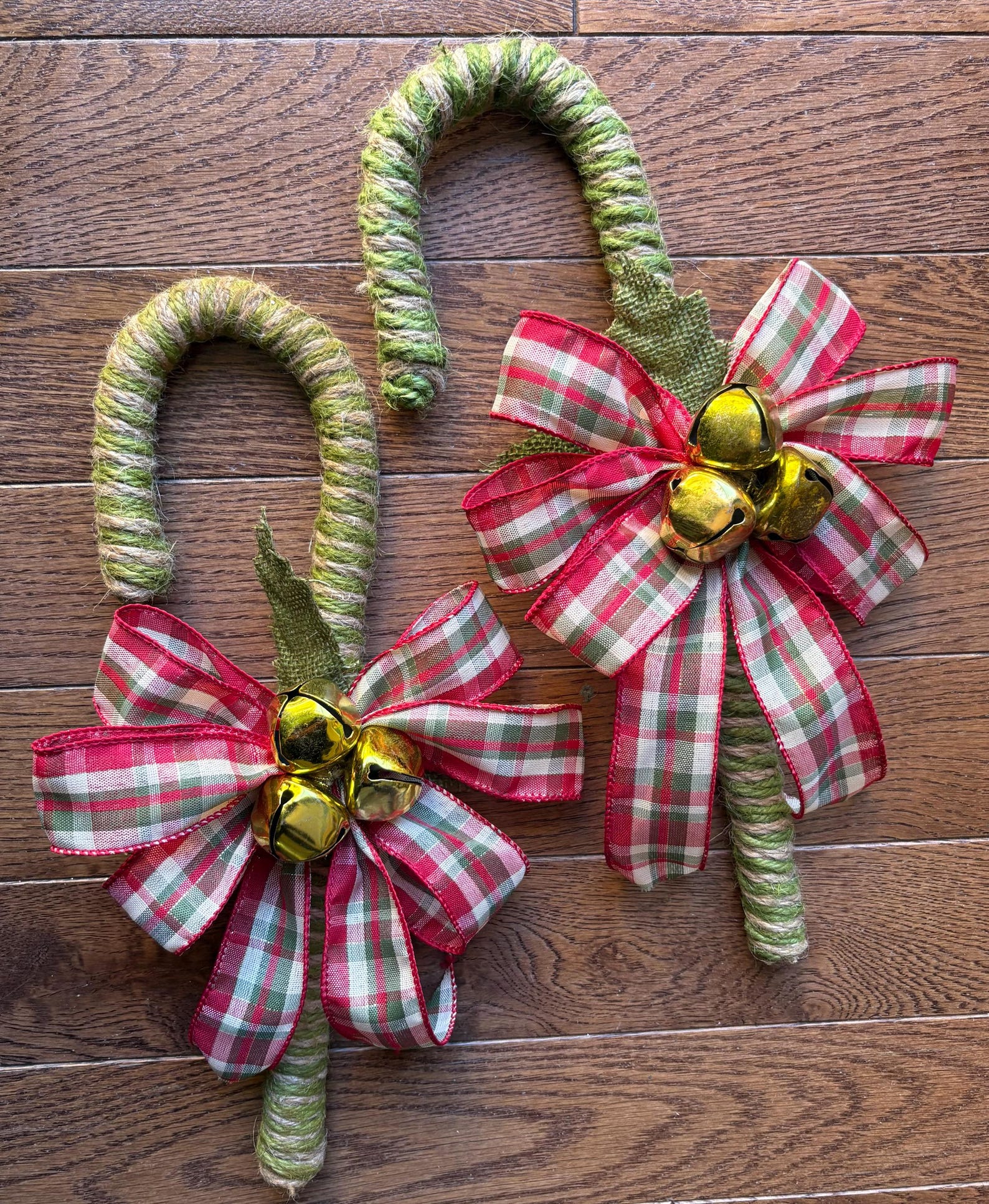 Rustic Jute Candy Cane Set: Sage Green, Plaid Bow, Jingle Bells - Etsy