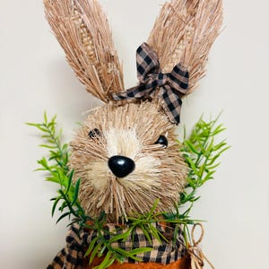 May include: A decorative Easter bunny figurine with straw-like fur and tall ears. It has a black nose, a plaid bow, and a plaid scarf. Green sprigs are around the neck. The bunny is set in a woven orange pot.
