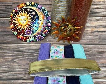 Paquete de decoración celestial, letrero de pared de sol y luna, kit para hacer coronas, juego de cintas doradas y moradas, decoración bohemia para el hogar, paquete de materiales para manualidades.