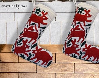 Otomi Holiday Christmas Stocking - 100% Hand embroidered festive decorative stocking. Great gift.