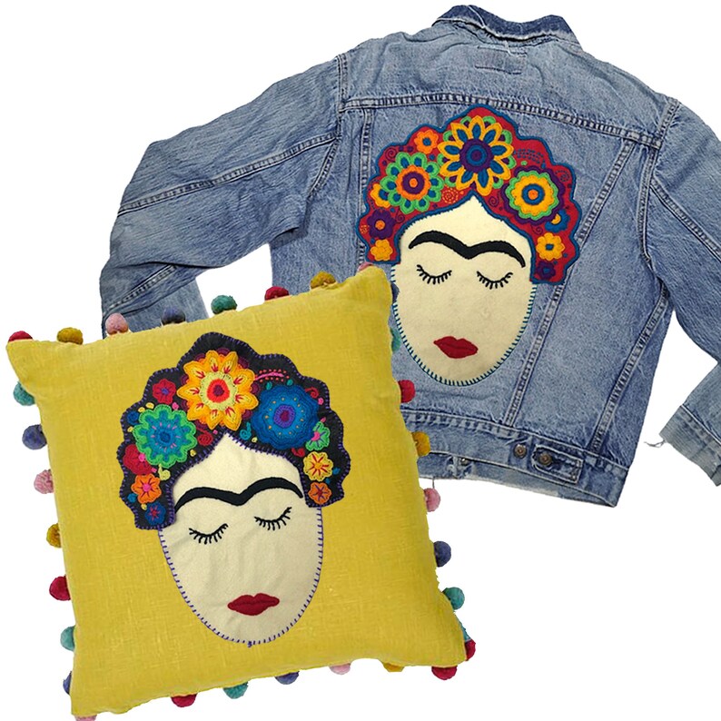 DIY pillow embellishment Large Frida Kahlo Inspired Patch Mexican home decor Embroidered boho Colorful handmade appliques colorful!