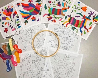 El Conejo DIY Otomi Napkin Embroidery Starter Kit - Includes Hand-Drawn Patterns/Cross Stitch Set/Needlework Kit /Boho Decor