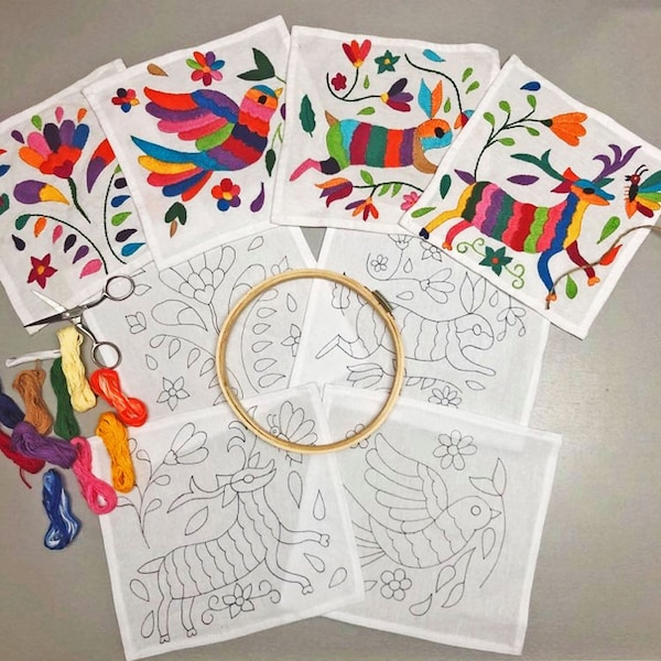 El Conejo DIY Otomi Napkin Embroidery Starter Kit - Includes Hand-Drawn Patterns/Cross Stitch Set/Needlework Kit /Boho Decor