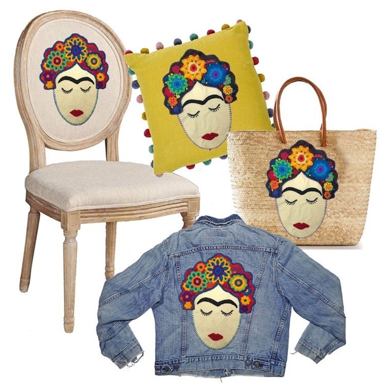 DIY pillow embellishment Large Frida Kahlo Inspired Patch Mexican home decor Embroidered boho Colorful handmade appliques colorful!