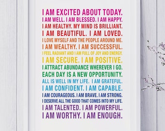 Positive Affirmation Poster | Success Wall Art | Grateful Quotes | Morning Motivation | Daily Meditation | Self-Empowerment | RAINBOW