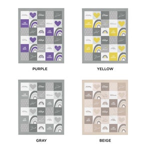 May include: Four fabric squares with different colors and patterns. Each square has a repeating pattern of rainbows, hearts, and text that says "I am" followed by a positive affirmation. The colors of the squares are purple, yellow, gray, and beige.