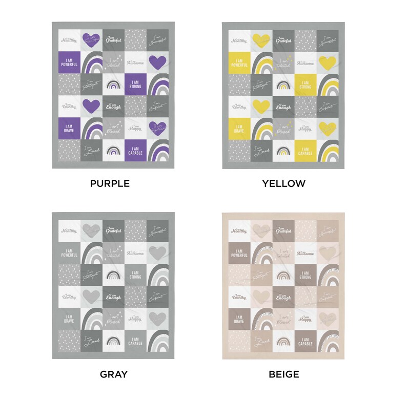 May include: Four fabric squares with different colors and patterns. Each square has a repeating pattern of rainbows, hearts, and text that says "I am" followed by a positive affirmation. The colors of the squares are purple, yellow, gray, and beige.