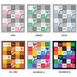 May include: Six different designs of a throw blanket with a patchwork pattern featuring rainbows, hearts, and positive affirmations. The designs include pink, green, blue, 70s vibe, rainbow A, and rainbow B.