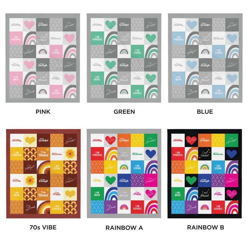 May include: Six different designs of a throw blanket with a patchwork pattern featuring rainbows, hearts, and positive affirmations. The designs include pink, green, blue, 70s vibe, rainbow A, and rainbow B.