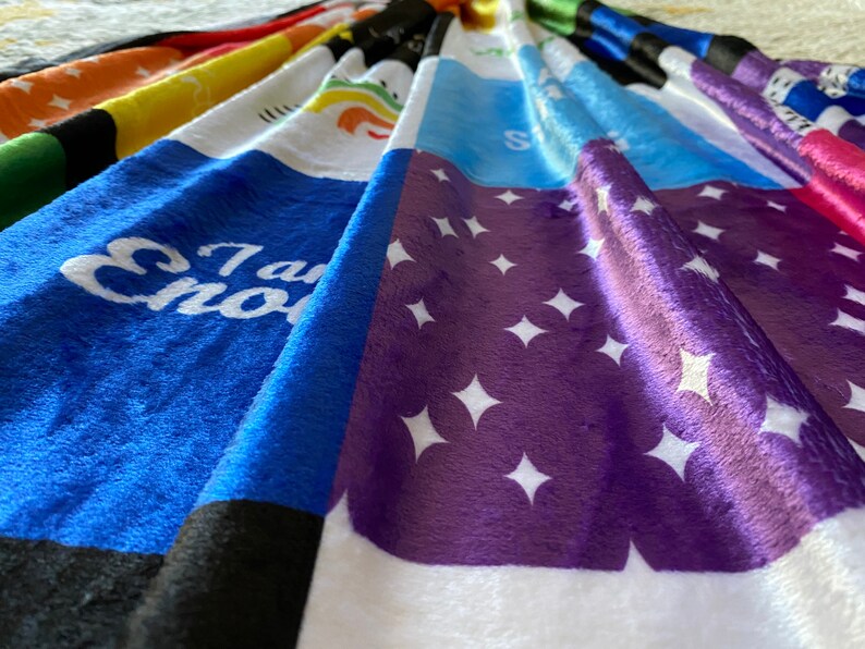 May include: A multi-colored fleece blanket with different patterns and phrases. The blanket features a purple section with white stars, a blue section with the phrase "I am Enough", and a yellow section with a rainbow.