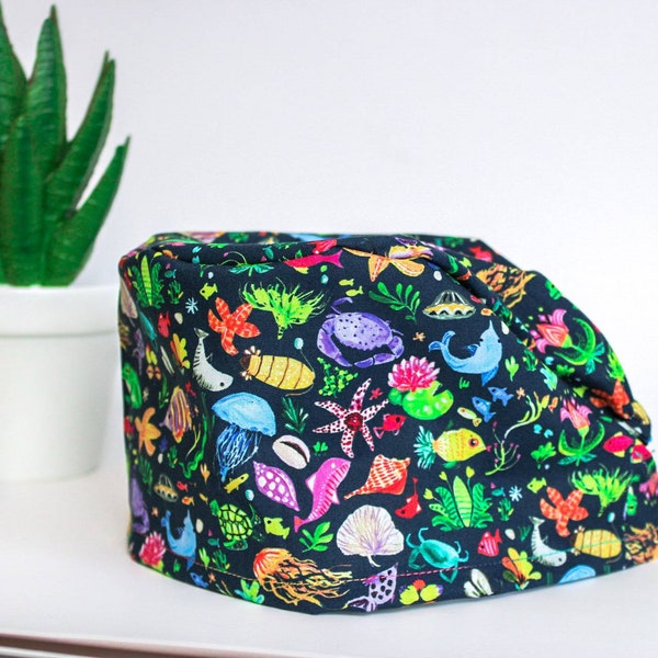 Under the Sea Scrub cap/Scrub hat/Scrub cap Canada/fish/marine/octopus/coral/blue