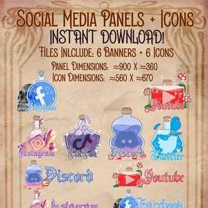 Fantasy Theme Streaming Social Media Potion Bottle Panels & Icons - Ready to Use | Twitter Facebook Discord Youtube TikTok