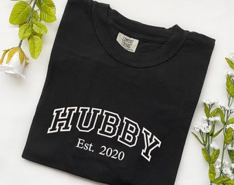 Custom Embroidered Wifey/Hubby Est. Comfort Colors T-Shirt, Short Sleeve [Personalized, Soft, High Quality, Weddings, Gifts]
