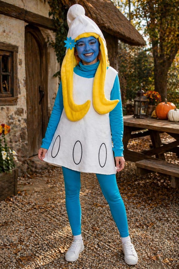 Women's Smurfette Halloween Costume, Fleece Cosplay Dress with Hat
