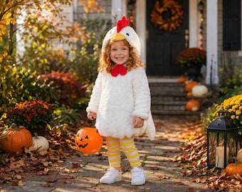 Chicken Halloween Costume, Plush White Rooster Outfit for Kids, Baby Farm Animal Dress Up, Soft Faux Fur Bird Body Suit with Hood