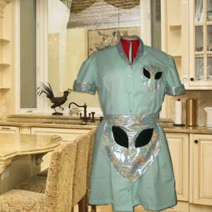 Alien Waitress Uniform Dress Retro UFO Crashdown Cafe Diner Pinup Green Silver Hostess Halloween Costume Custom Made