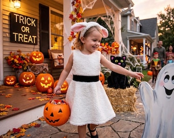 Girls Fleece Lamb Halloween Costume Dress, Farm Animal Outfit, Sheep Costume