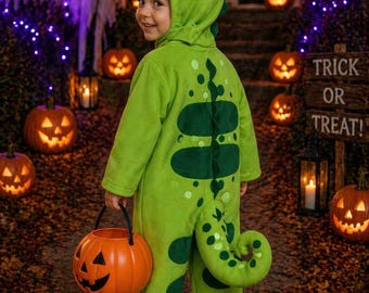 Green Fleece Pascal Chameleon Costume: 2-Piece Bodysuit & Hood, Halloween Outfit