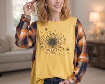Yellow Sunflower Flannel Shirt - Boho Floral Bleached Plaid - Upcycled Sunflower Graphic Top - Oversized 2XL - Botanical Gift for Her