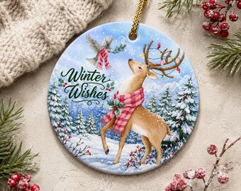 Winter Wishes Ceramic Ornament, Deer Bird Mountain Scene, Custom Family Name GiftPersonalized