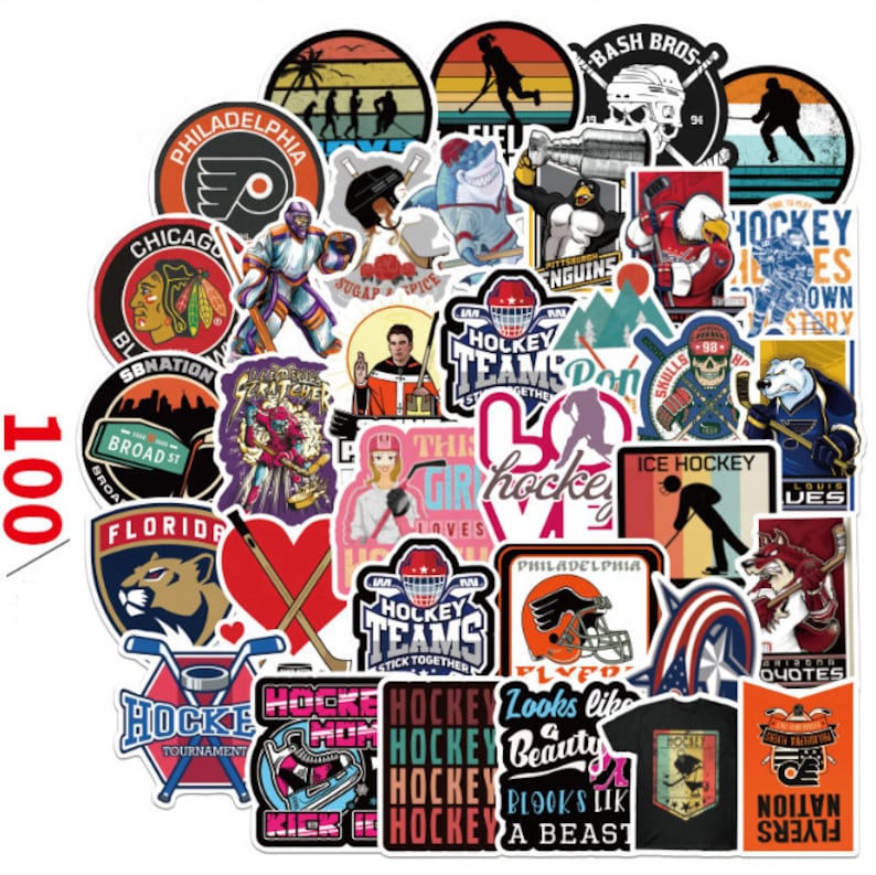 May include: A set of 100 colorful hockey-themed stickers. The stickers feature various designs, including hockey players, pucks, sticks, and team logos. Some of the stickers have text, such as "Hockey Team Stick Together" and "Looks Like Beauty".
