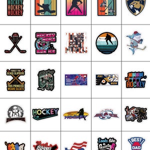 May include: A collection of 25 colorful hockey-themed stickers. The stickers feature various designs, including hockey players, pucks, sticks, and team logos. Some stickers have text, such as "Hockey Mom's Kick Ice", "This Girl Plays Hockey", "Forget the Glass Slippers This Princess Wears Cleats", "Pro Sport Hockey", "Looks Like Beauty Blocks Like A Beast", and "Best Dad Ever".