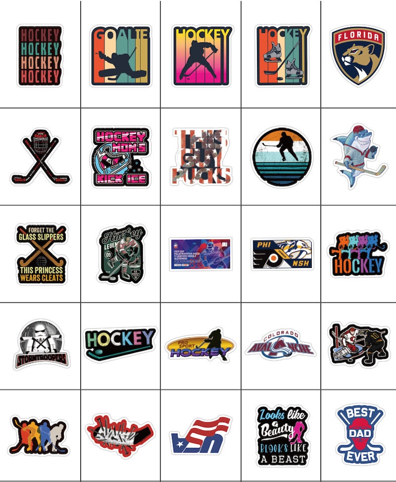 May include: A collection of 25 colorful hockey-themed stickers. The stickers feature various designs, including hockey players, pucks, sticks, and team logos. Some stickers have text, such as "Hockey Mom's Kick Ice", "This Girl Plays Hockey", "Forget the Glass Slippers This Princess Wears Cleats", "Pro Sport Hockey", "Looks Like Beauty Blocks Like A Beast", and "Best Dad Ever".