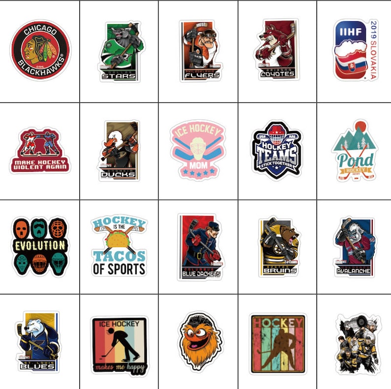 May include: A set of 20 hockey-themed stickers featuring various team logos, mascots, and slogans. The stickers are printed on white backgrounds with black outlines. Some of the logos include the Chicago Blackhawks, the Dallas Stars, the Philadelphia Flyers, the Arizona Coyotes, the Anaheim Ducks, the Nashville Predators, the Washington Capitals, the Boston Bruins, the Colorado Avalanche, the St. Louis Blues, and the Pittsburgh Penguins. The slogans include "Make Hockey Violent Again", "Hockey is the Tacos of Sports", "Ice Hockey Makes Me Happy", and "Hockey Teams Stick Together".