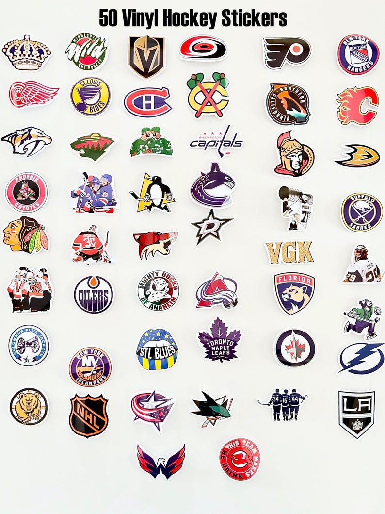 May include: Fifty vinyl hockey stickers featuring logos of various NHL teams, including the New York Rangers, St. Louis Blues, and the Washington Capitals. The stickers are colorful and feature a variety of designs.