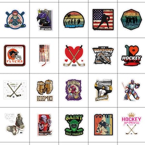 May include: A collection of 36 hockey-themed stickers featuring various designs, including team logos, players, and slogans. The stickers are printed on white backgrounds with colorful graphics and text.