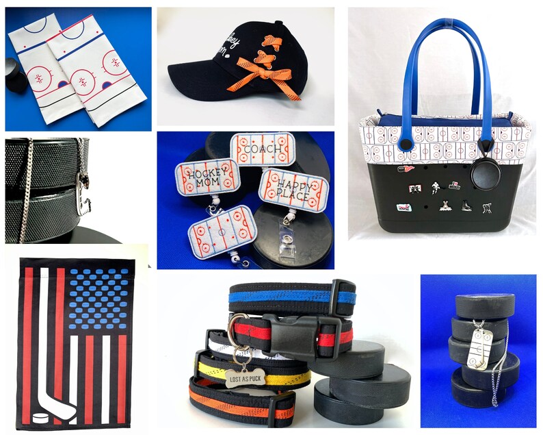 May include: A collection of hockey-themed crafts and accessories, including a black and white hockey rink patterned tote bag, a black baseball cap with an orange ribbon, a hockey puck keychain with the text "Hockey Mom", a black and white American flag with a hockey stick and puck, a black and white hockey puck necklace, and a stack of black hockey pucks with a silver chain and a hockey puck charm.