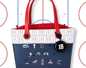 Hockey mom tote bag, Rubber tote with hockey rink trim, zippered insert, charms and puck coin purse, Hockey gifts for mom