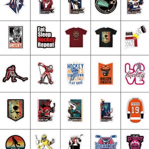 May include: A set of 25 hockey-themed stickers featuring various team logos, players, and slogans. The stickers are colorful and feature a variety of designs, including vintage, modern, and cartoon styles.