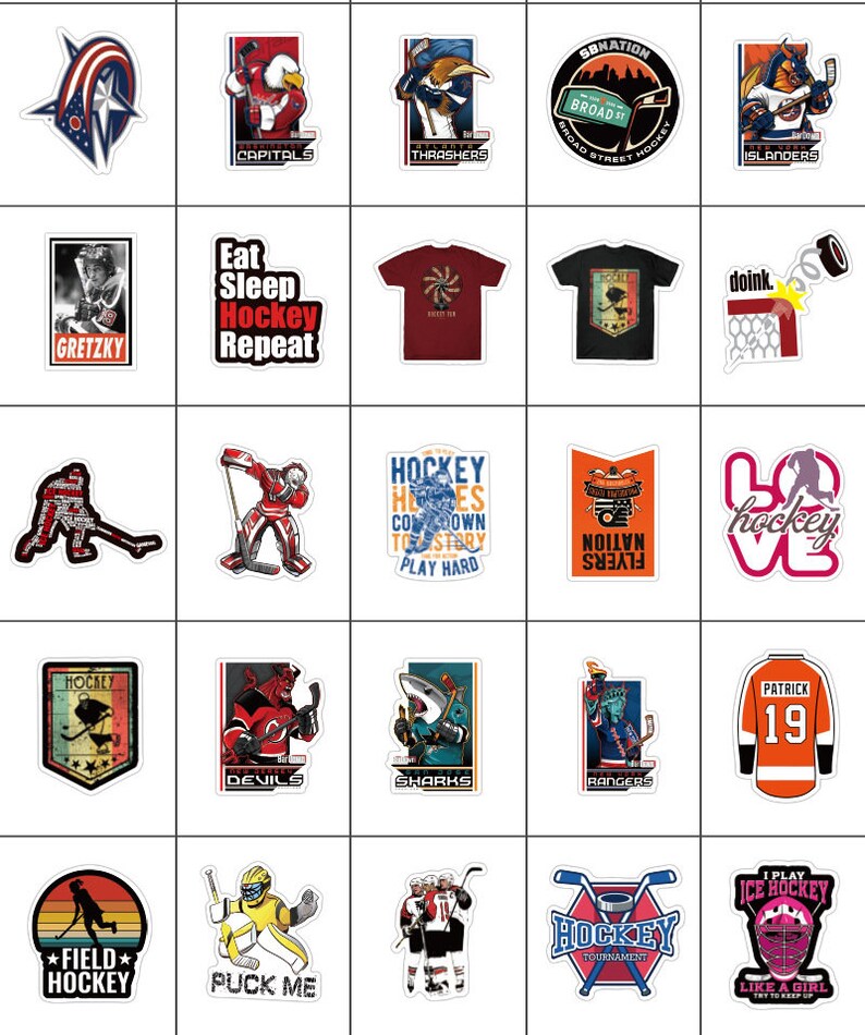 May include: A set of 25 hockey-themed stickers featuring various team logos, players, and slogans. The stickers are colorful and feature a variety of designs, including vintage, modern, and cartoon styles.