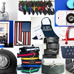 May include: A collage of hockey-themed items, including a flag with the American flag colors, a hockey puck keychain, a hockey puck doorstop, a hockey puck tote bag, a hockey puck apron, a hockey puck bottle opener, a hockey puck game, and a hockey puck themed dog collar.