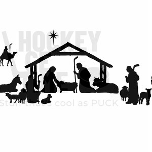May include: Black silhouette of a nativity scene with a star above the stable, three wise men on camels, a shepherd with sheep, and Mary and Joseph kneeling before the baby Jesus in a manger.