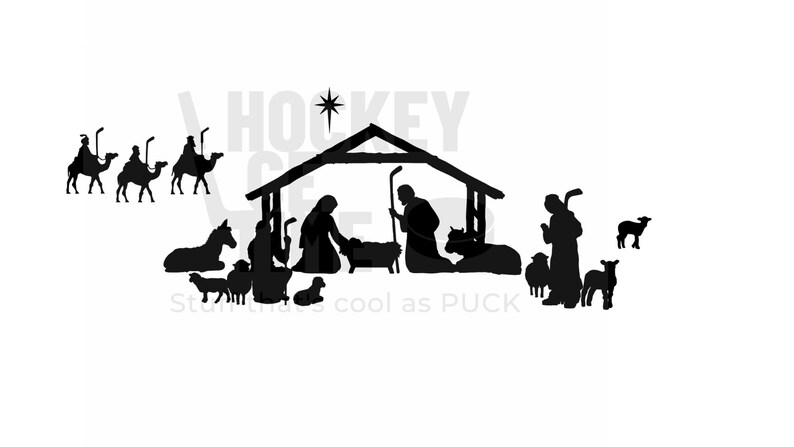 May include: Black silhouette of a nativity scene with a star above the stable, three wise men on camels, a shepherd with sheep, and Mary and Joseph kneeling before the baby Jesus in a manger.