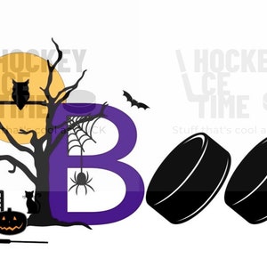 May include: Purple letter B with a spider and web hanging from it. A black cat, a hockey net, a hockey stick, and a jack-o-lantern are in the background. The text "Hockey Ice Time" is in the upper right corner of the image.