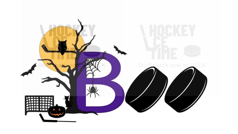 May include: Purple letter B with a spider and web hanging from it. A black cat, a hockey net, a hockey stick, and a jack-o-lantern are in the background. The text "Hockey Ice Time" is in the upper right corner of the image.